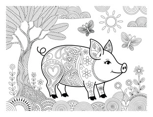 Página para colorear con intrincado estilo zentangle con un lindo cerdito en un jardín © MDArif