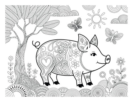 P&aacute;gina para colorear con intrincado estilo zentangle con un lindo cerdito en un jard&iacute;n