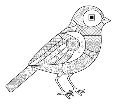 Dibujo intrincado estilo zentangle de un pajarito para colorear