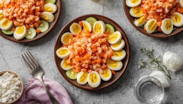 Classic Russian Mimosa salad featuring boiled pink salmon, carrots, onions, and eggs on a gray concrete surface. Presented on ceramic dishes, garnished with fresh cucumber slices.