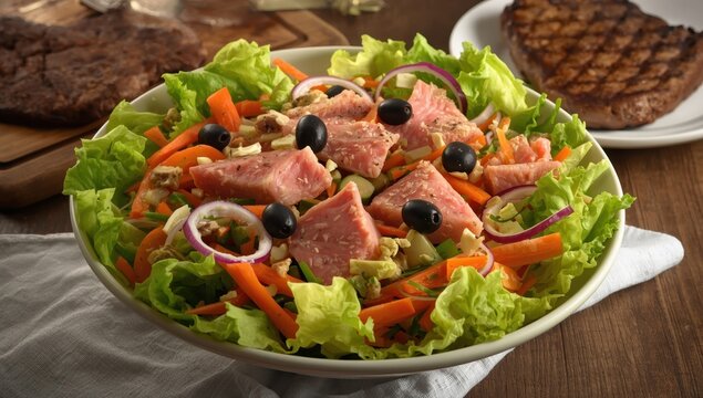 Vibrant tuna salad mixes tender fish with crunchy lettuce, carrot, red onion, and olives, resulting in an attractive and healthy dish.