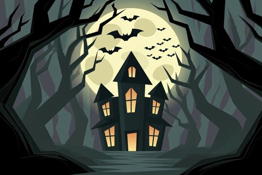 Haunted Gothic Mansion Silhouette Under Giant Full Moon with Flying Bats and Twisted Forest Trees in Misty Night Scene