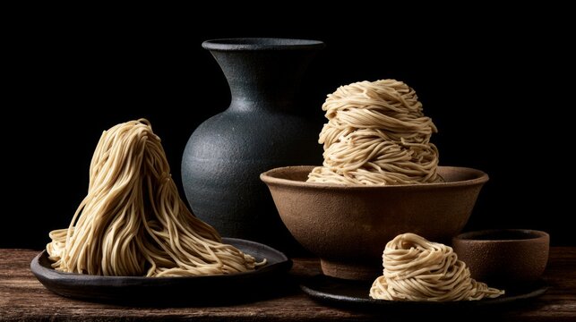 Artistic Composition of Uncooked Noodles Piled Elegantly in Various Bowls Against a Dark Background with a Simple Pitcher