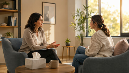 Fototapeta premium Two women engage in a thoughtful conversation in a cozy, warmly lit living room with comfortable chairs, plants, and soft natural light from a large window.