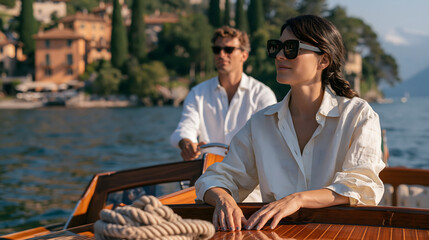 Fototapeta premium Elegant Couple on a Boat Trip: A stylish couple enjoys a serene boat ride on a picturesque lake, with charming villas dotting the hillside in the background, evoking a sense of luxury and relaxation.