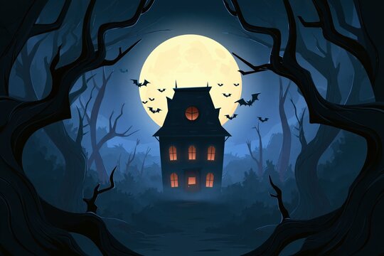 Haunted Gothic Mansion Silhouette Under Giant Full Moon with Flying Bats and Twisted Forest Trees in Misty Night Scene