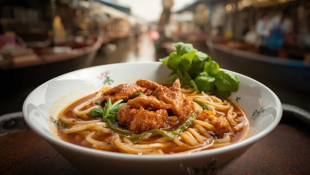 Thai boat noodles, Kuay Teow Kai Toon, feature noodles with braised chicken and bitter melon in brown broth.