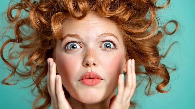 Surprised redhead woman with curly hair expressing amazement on teal background