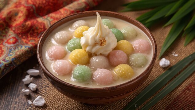 Classic Thai pumpkin Bua Loy treat featuring vibrant tapioca pearls in creamy coconut milk, a rich Asian dessert.