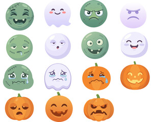Fototapeta premium Halloween emoji set with zombie, ghost and pumpkin faces expressions
