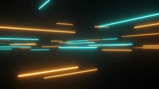 Abstract cyan and amber light filaments drift slowly through a dark digital void space