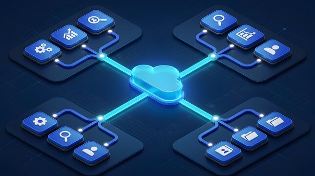Cloud computing software ecosystem with centralized data management and integrated business application dashboard icons.