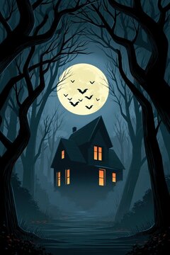 Haunted Gothic Mansion Silhouette Under Giant Full Moon with Flying Bats and Twisted Forest Trees in Misty Night Scene