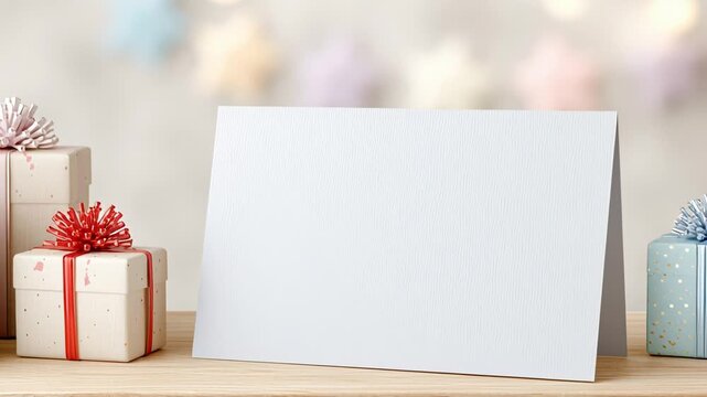 Blank card and wrapped gifts with bows in pastel hues on wooden surface