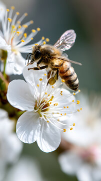 Bee and White Flower: A close-up of a bee perched on a delicate white flower, collecting nectar amidst a backdrop of soft green and bright sunshine.
