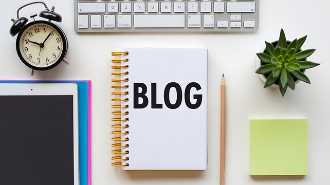 Blog notebook on office desk with stationery for content writing and digital marketing