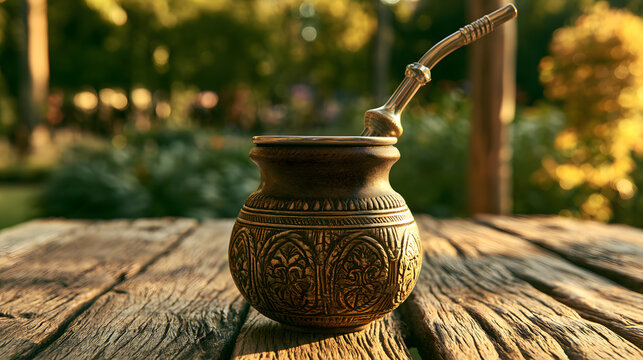 Traditional Yerba Mate Gourd: A beautifully ornate, traditional yerba mate gourd rests on a rustic wooden table, bathed in soft, natural light, with a blurred garden backdrop.