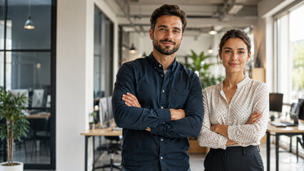 Fototapeta premium Two confident professionals standing with arms crossed in a modern office environment, smiling and looking at the camera.