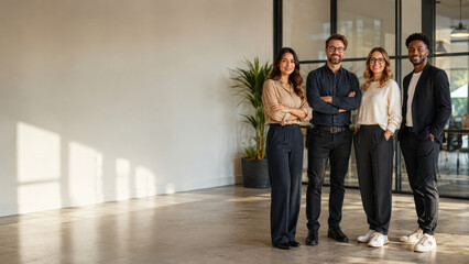 Obraz premium Four diverse young professionals confidently posing in a bright, modern office space with a minimalist design and natural light.