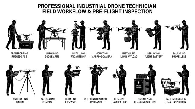 Industrial Drone Survey Technicians LiDAR UAV Mapping Silhouette Set Vector Collection
