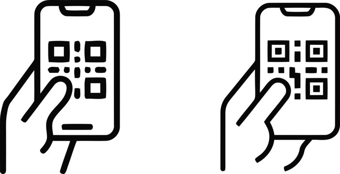 Two linear smartphone icons displaying qr codes held by hands on a white background for digital payment concepts
