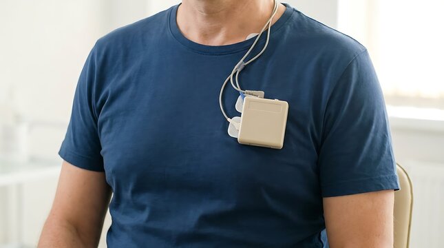 Person wearing a heart rate holter monitor device on chest for medical examination with cardiovascula