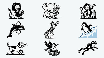 Set of 9 Diverse Animal Silhouettes Vector Icons: Lion Reading, Elephant Drawing, Monkey Playing, Dolphin Jumping, Giraffe Reaching, Penguin Sliding, Dog with Bone, Bird with Nest, Frog Leaping