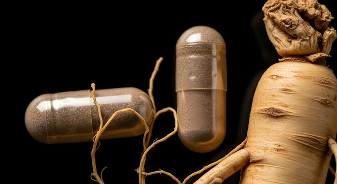 Ginseng root and capsules on dark background.
