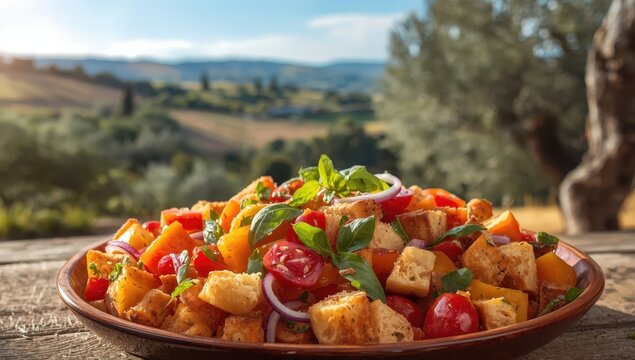 Tuscan Panzanella, classic Italian salad featuring tomatoes and crisp bread. Vegetarian version.
