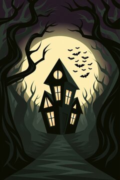 Haunted Gothic Mansion Silhouette Under Giant Full Moon with Flying Bats and Twisted Forest Trees in Misty Night Scene