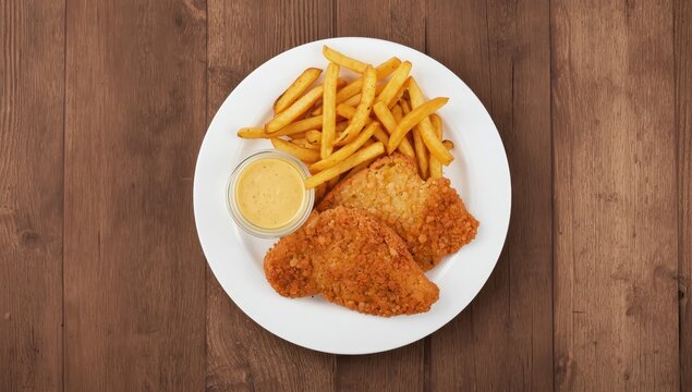 Breaded schnitzel with fries and sauce on a white plate, set against a wooden backdrop. Aerial view.