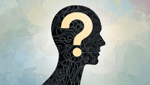 Silhouette of a human head with a question mark symbolizing curiosity, thought processes, mental health, doubt, problem-solving, and inquiry.
