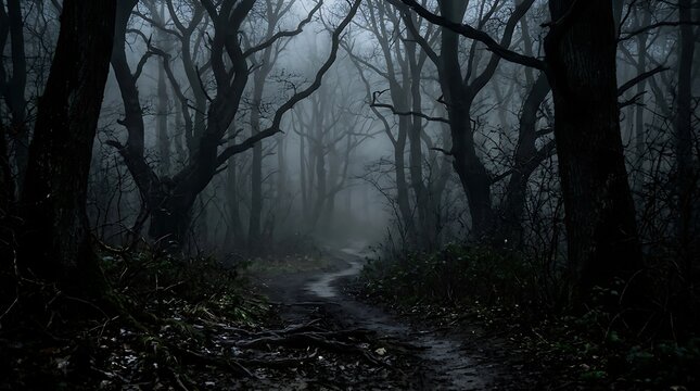 eerie and dark forest path shrouded in thick fog and mist with bare, gnarled trees creating a haunting atmosphere.