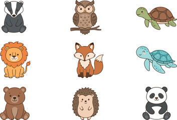 Obraz premium Cute Cartoon Animal Character Vector Set Featuring Badger Owl Turtle Lion Fox Sea Turtle Bear Hedgehog and Panda for Children Nursery Designs