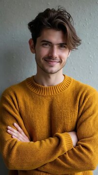 Portrait of attractive self-assured with beaming shiny smile haircut with long furfur wearing casual classic color of mustard sweater macho man standing with folded arms isolated on gray bac.