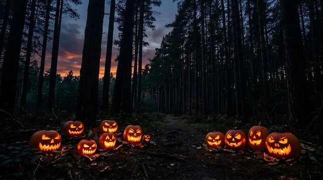 Enchanted halloween night in a forest with glowing jack-o'-lanterns guiding path, mystical atmosphere.