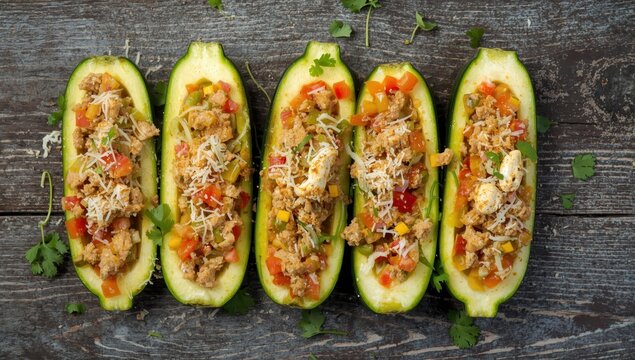 Zucchini boat lasagna. Overhead view, area for text.