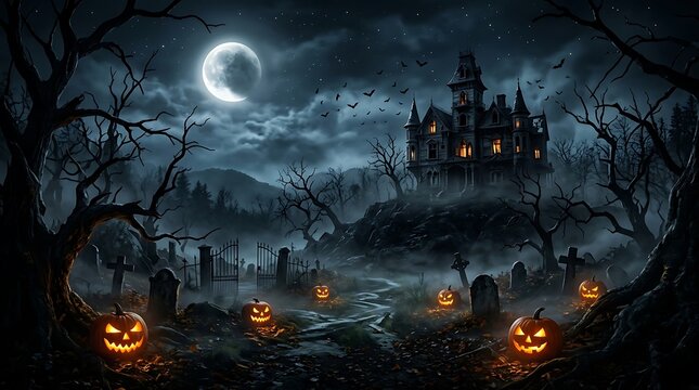 Creepy haunted mansion on haunted hill with fog and spooky graveyard and pumpkins on halloween night.