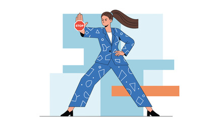 Fototapeta premium Young woman in a blue patterned business suit standing in a confident pose holding a stop sign to indicate a boundary or halt.
