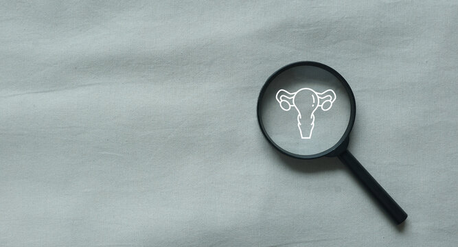 close up top view on magnify with uterus symbol on background represent about women health checkup and lifestyle for health and wellness concept