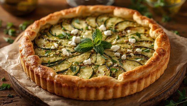 Zucchini, herb, and cheese quiche slice