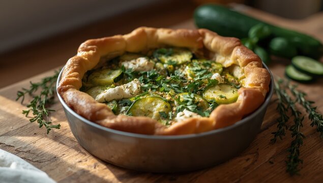 zucchini, herbs, and cheese pie in a baking dish
