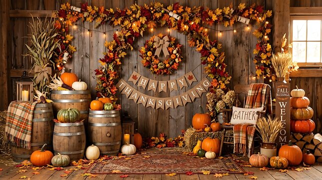 Cozy rustic thanksgiving interior with pumpkins wooden barrels harvest wreath and fall decorations in barn setting.
