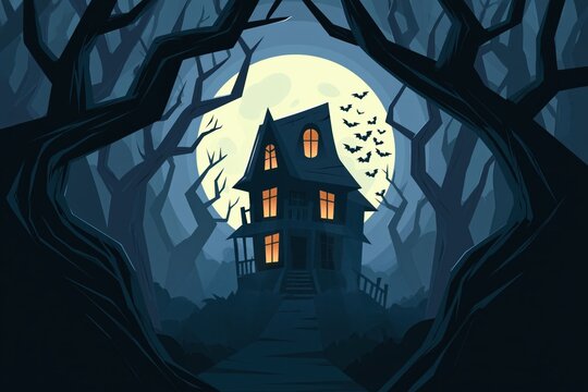 Haunted Gothic Mansion Silhouette Under Giant Full Moon with Flying Bats and Twisted Forest Trees in Misty Night Scene