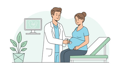 Obraz premium Doctor performing an ultrasound scan on a pregnant woman in a clinic room with an image of the baby on the monitor.