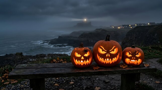 Three carved halloween pumpkins on wooden bench overlooking stormy ocean coast with lighthouse in distance.