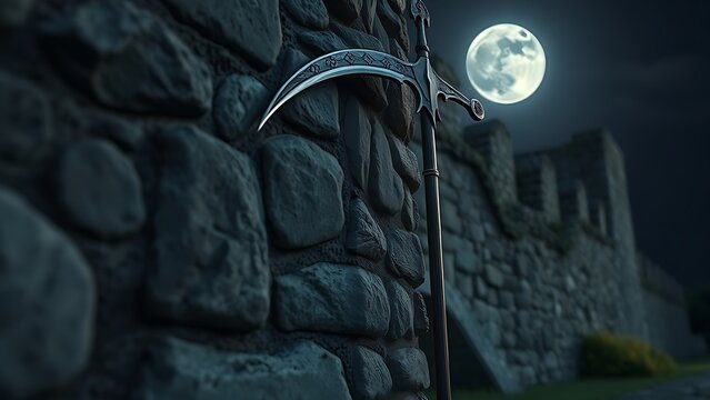 Medieval glaive leaning on stone wall in moonlight.
