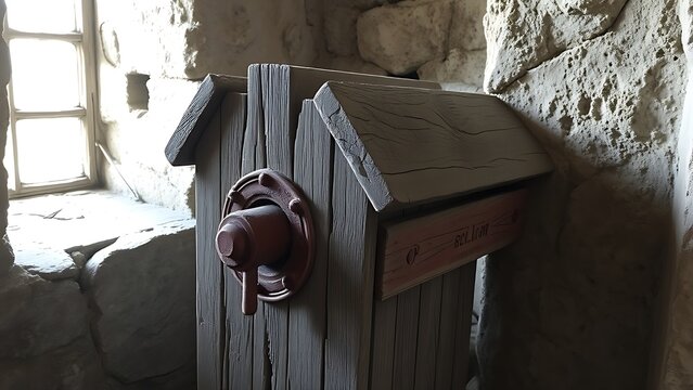 Weathered wooden pillory abandoned in castle ruin, rusted lock, dusty light.