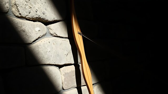 A simple yew wood longbow leaning against a rough stone wall in shadow.
