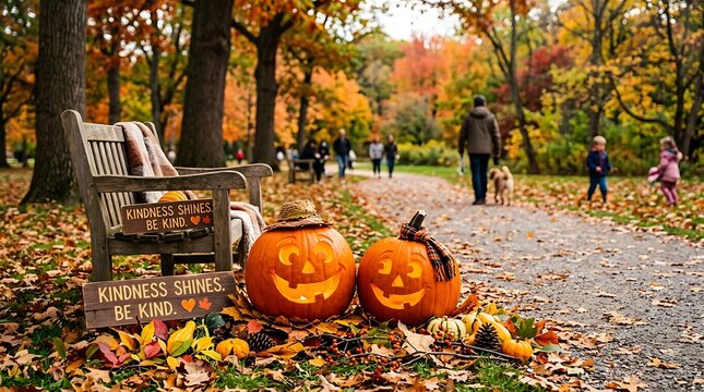 Two glowing pumpkins on wooden bench with inspirational kindness sign in fall forest.
